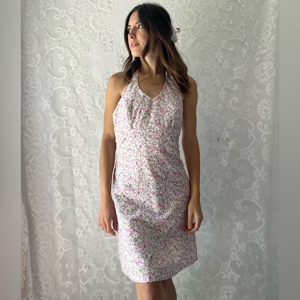 Y2K Alyn Paige Embroidered Flower Halter Slip Lined Dress Tagged Size 7/8